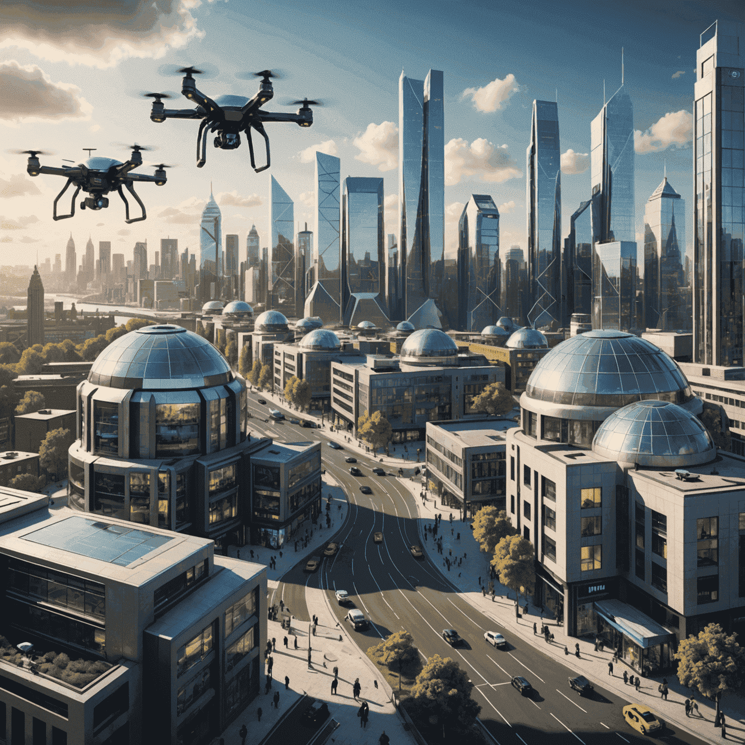 A futuristic cityscape with AI-powered robots and drones seamlessly integrated into various industries, symbolizing the transformative impact of artificial intelligence on the UK economy.