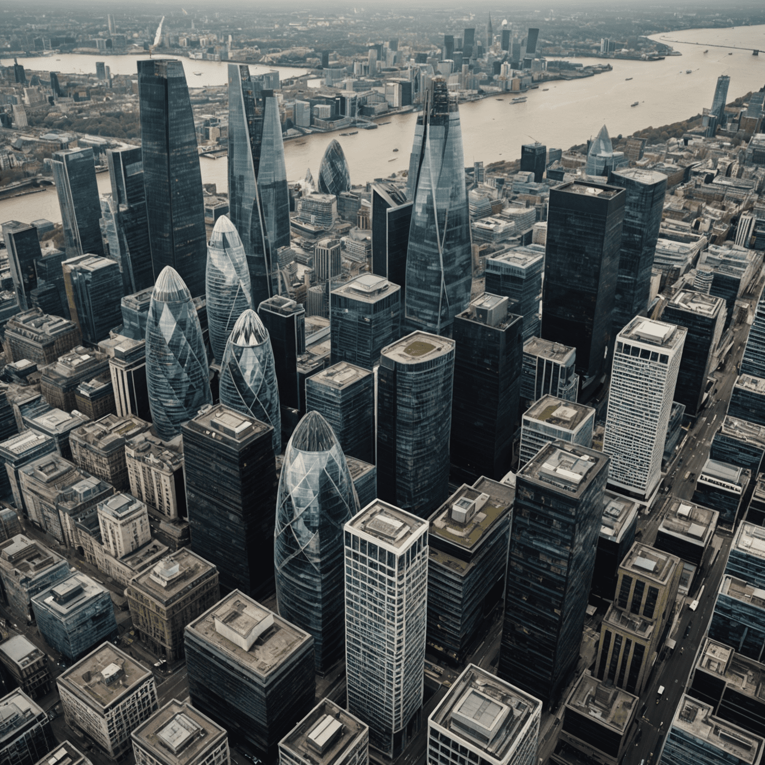 Aerial view of the City of London financial district with skyscrapers and modern architecture