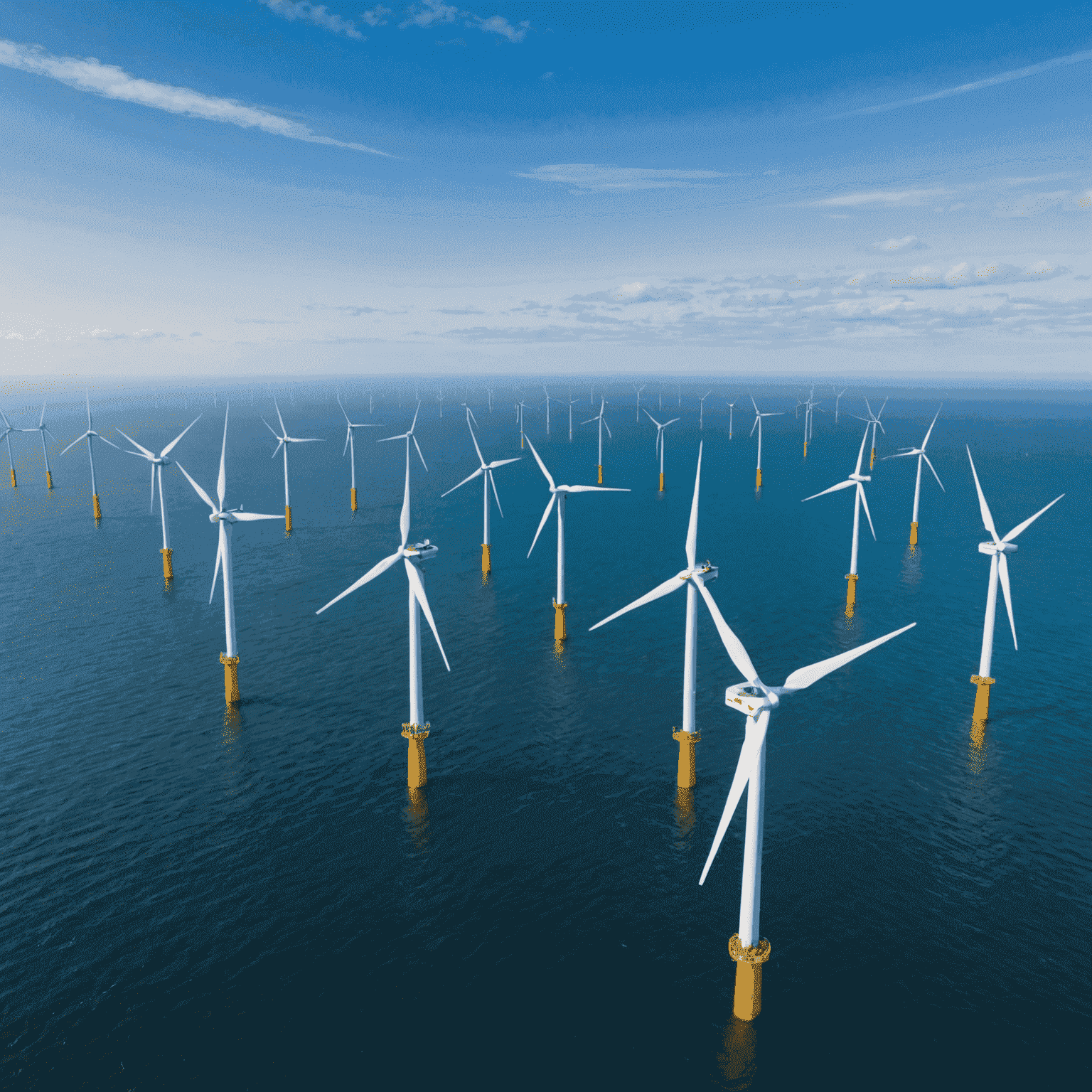 Aerial view of a large offshore wind farm in the UK with many turbines generating clean, renewable energy