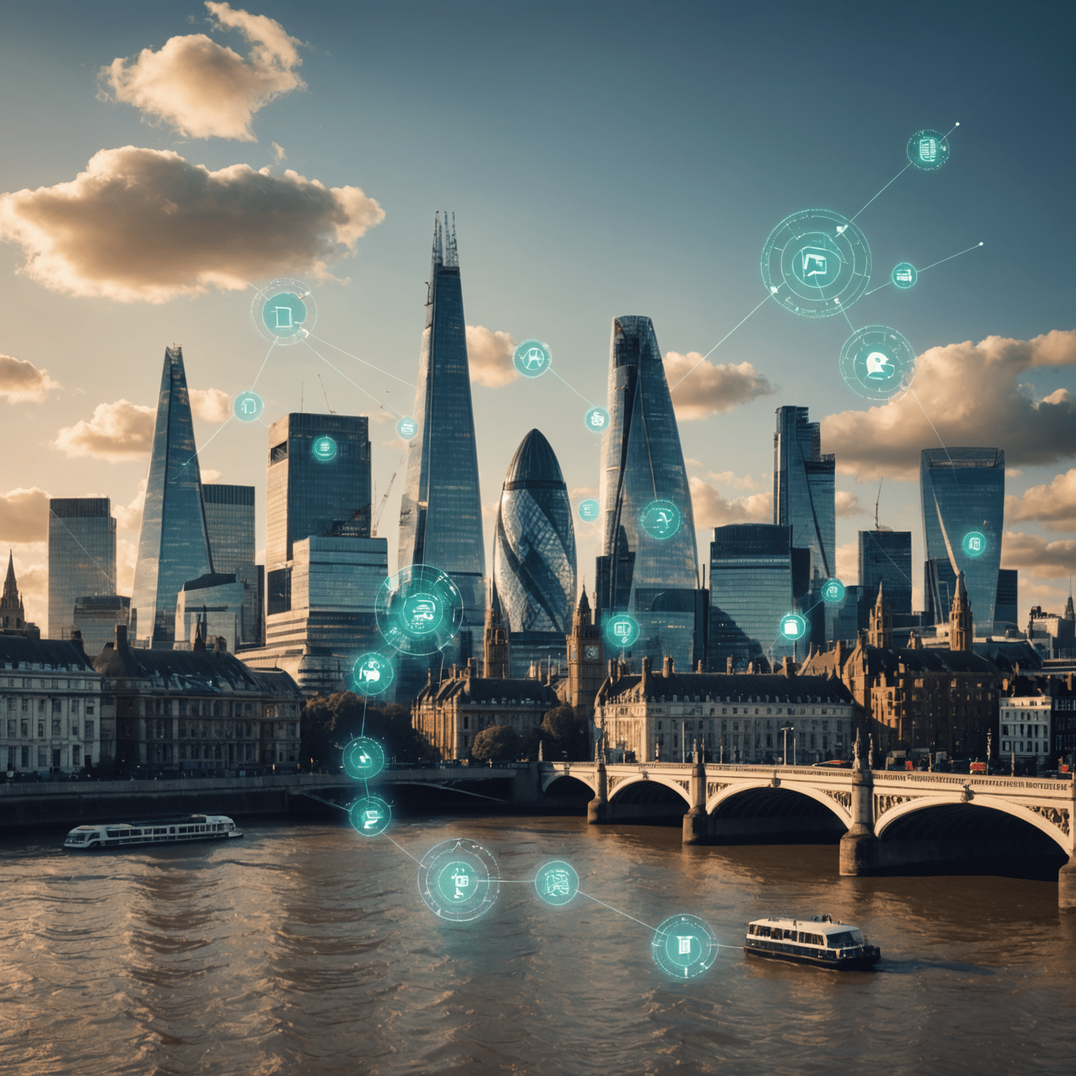 An image depicting the skyline of London with modern financial technology symbols overlaid, representing the rise of fintech startups in the city. The image should convey innovation and disruption in the financial sector.