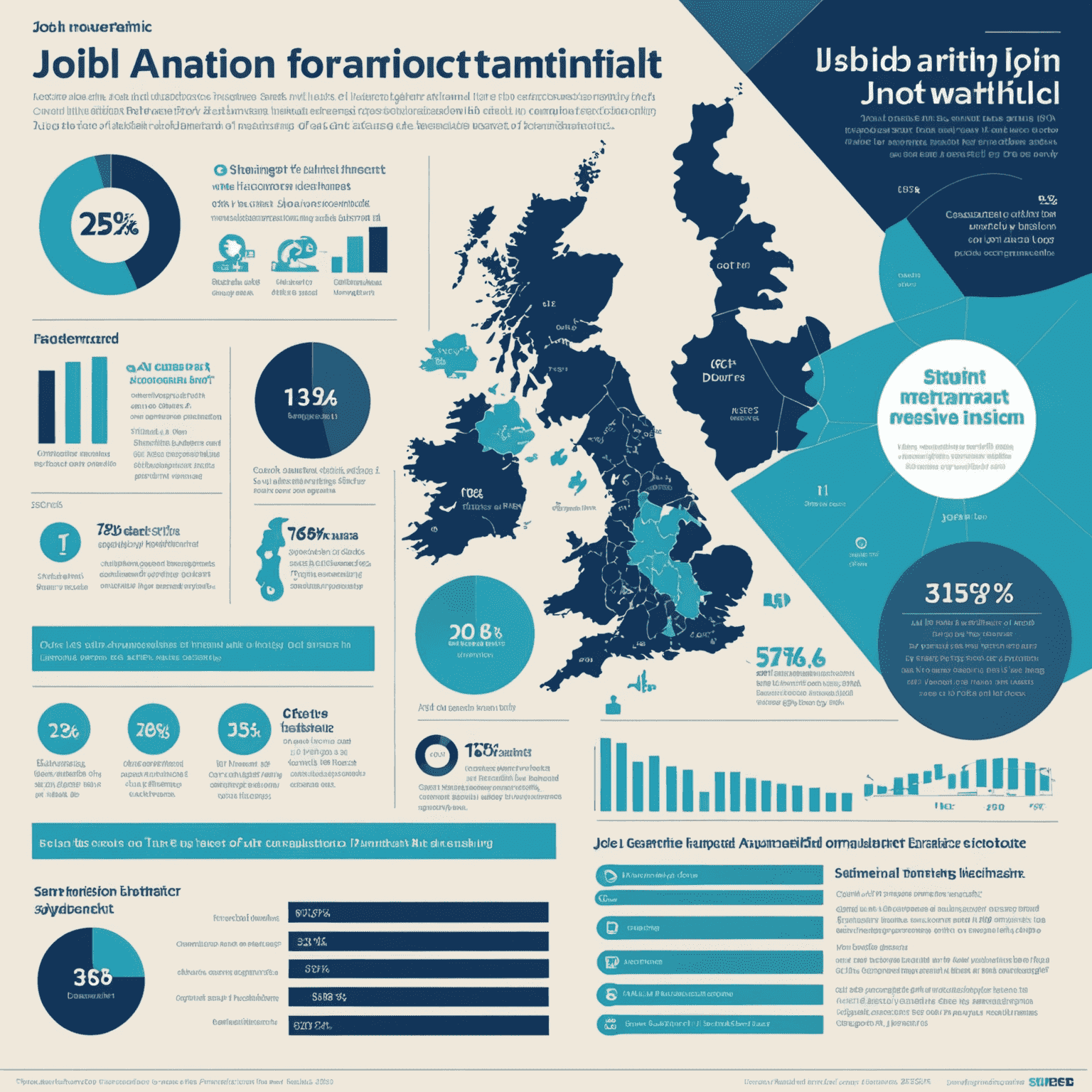 An infographic showing the potential impact of AI on various job sectors in the UK, with statistics on job creation and displacement