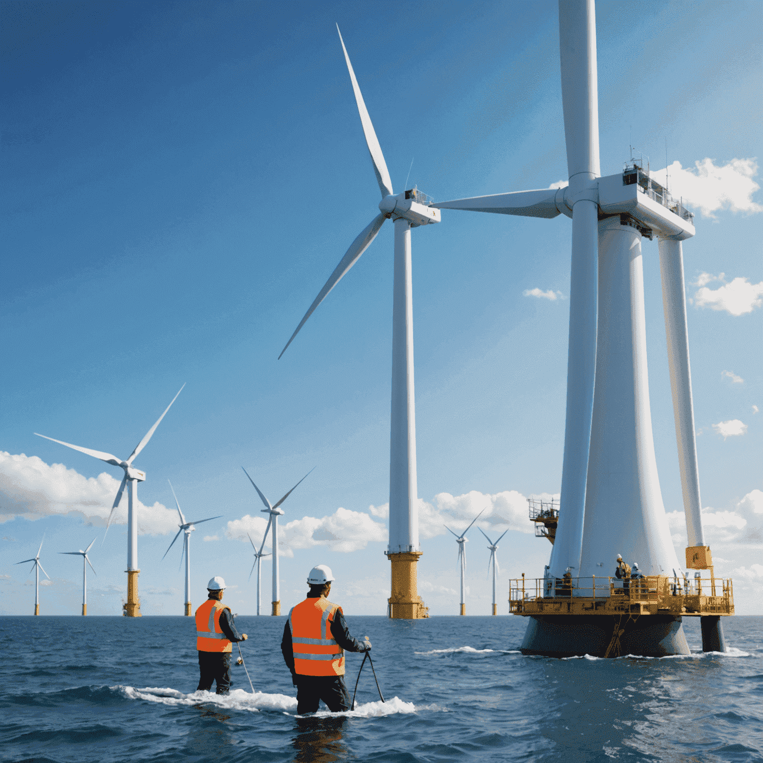 Engineers working on the maintenance of a large offshore wind turbine, ensuring its optimal performance