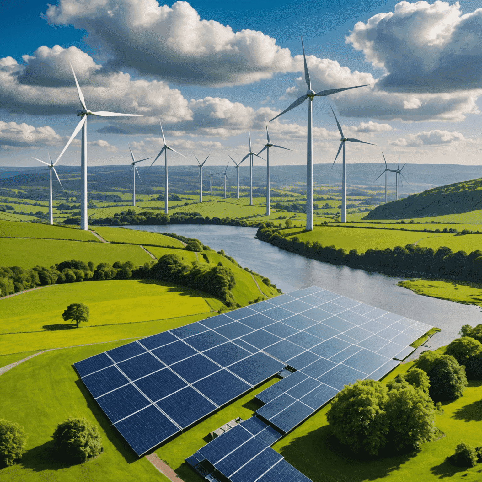 A collage of renewable energy sources such as wind turbines, solar panels, and hydroelectric dams, set against the backdrop of the United Kingdom's landscape. The image should convey a sense of sustainability and a green future.