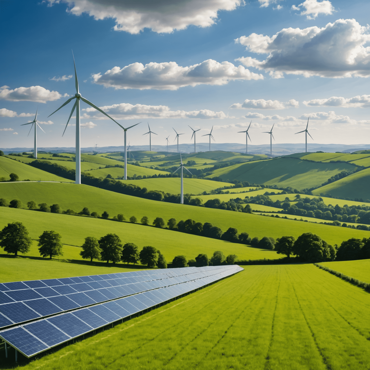 A panoramic view of a wind farm and solar panel field set against the backdrop of rolling green hills, symbolizing the UK's commitment to renewable energy sources and a sustainable future.