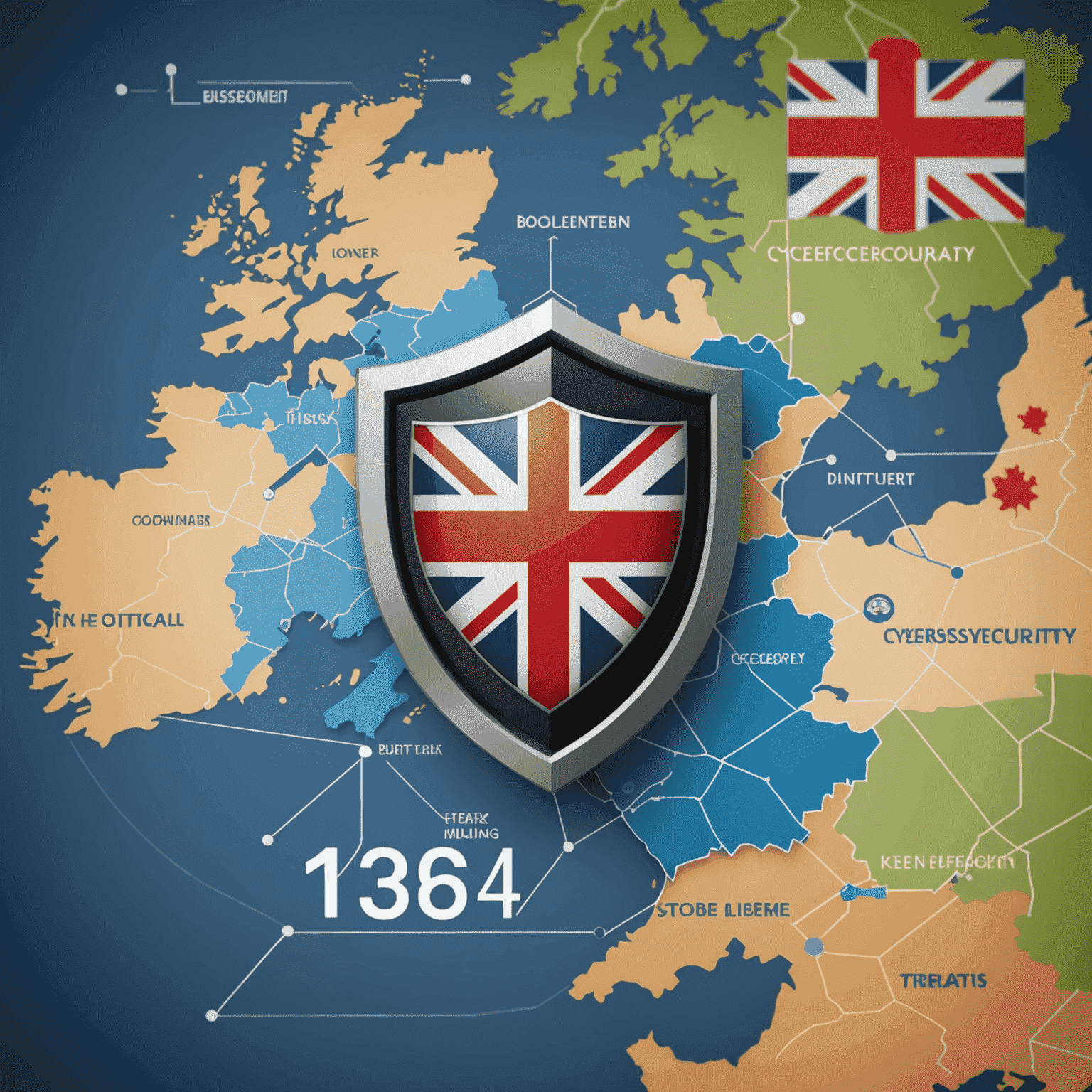 A digital lock and shield icon superimposed over a map of the United Kingdom, representing the crucial role of cybersecurity in safeguarding UK businesses from online threats.