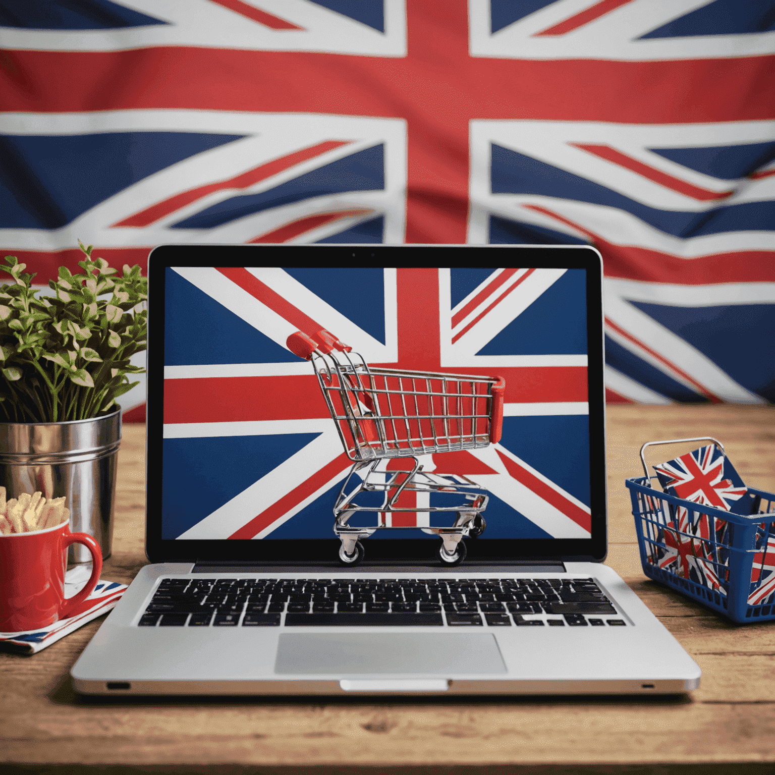 A laptop displaying a shopping cart icon with various products, set against a Union Jack background, symbolizing the growth and evolution of e-commerce in the United Kingdom.